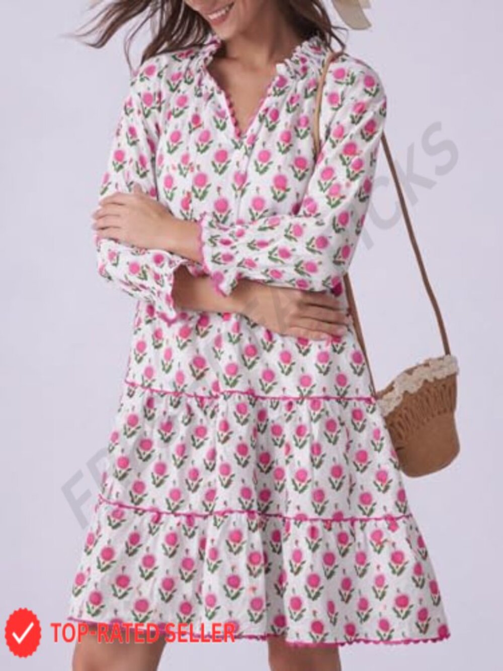 Long Sleeve Floral Ruffle V Neck Mini Babydoll Dress with Pockets - Picture 2 of 5